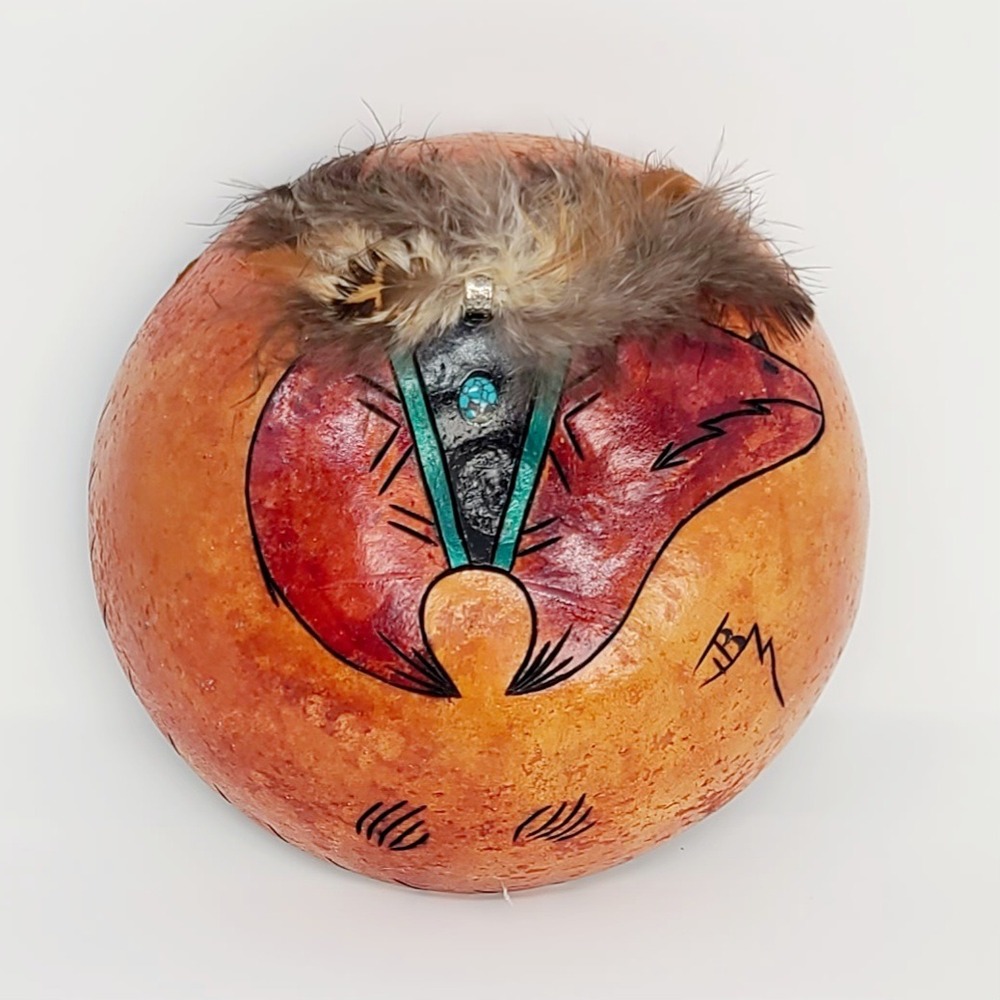 Hand Painted Badger Gourd Bowl Art Southwest Feather Turquoise Inlay Signed Good